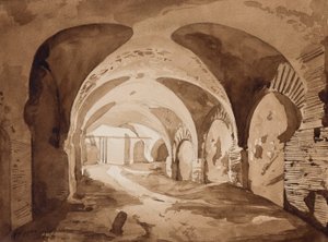 Ambulatoriet som fører til amfiteateret i Pozzuoli, med tillegg av prins Alfonso Maria di Borbone (1841-1934), 19. oktober 1852 (blyant og sepia vask på papir)